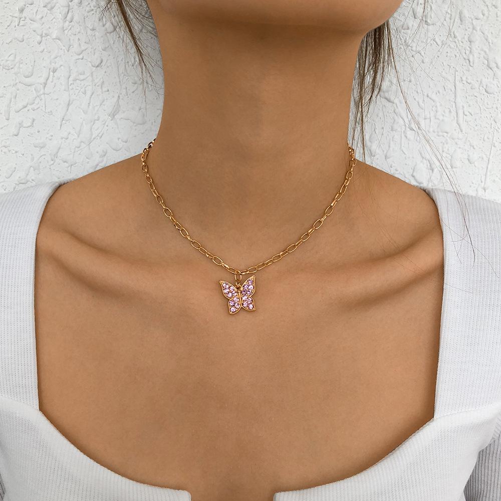 N9514 Jewelry Simple Single Layer Butterfly Full Diamond Clavicle Necklace Sweet Girly Necklace