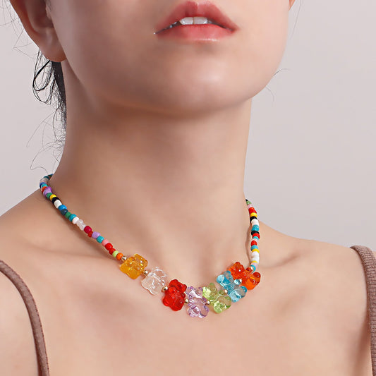 Jewelry Bohemian Bead Bear Necklace Female Retro Color Bear Necklace Bracelet Set