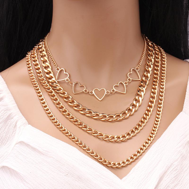 Jewelry Hip Hop Personality Geometric Set Necklace Simple Peach Heart Hollow Multilayer Chain Necklace Female