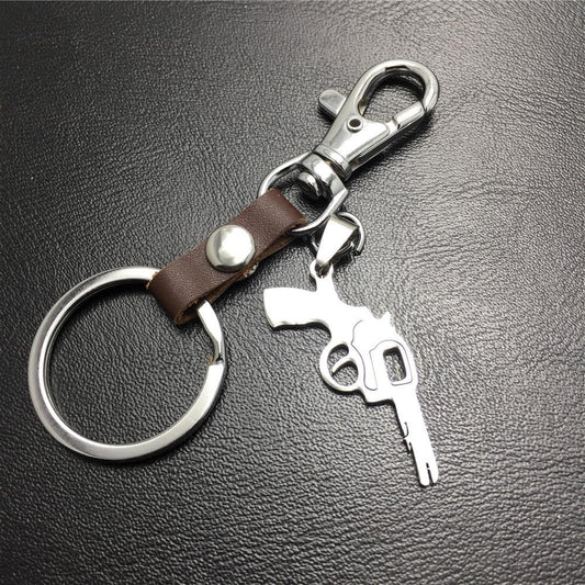 Pistol model car key chain cowhide stainless steel titanium steel pendant multi-color optional