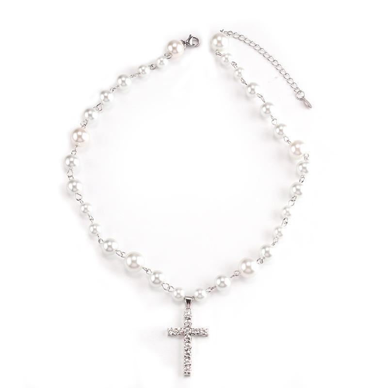 Stainless Steel Clavicle Chain Glass Pearl Set Diamond Cross Pendant Decorative Necklace