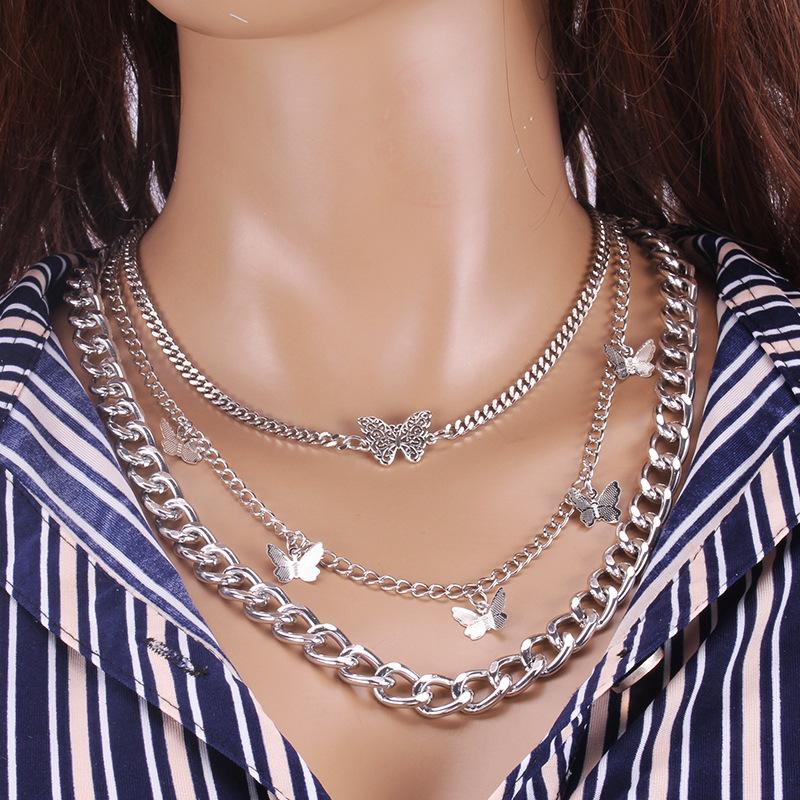 Retro Thick Chain Double Layer Butterfly Pendant Female Geometric Creative Elements Fashion Trend Necklace