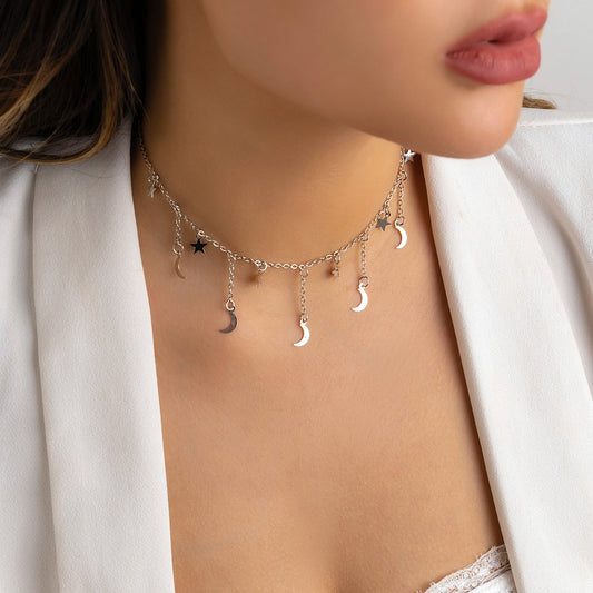 Jewelry Sweet Cool Simple Metal Chain Necklace Female Minority Star Moon Tassel Personality Clavicle Necklace