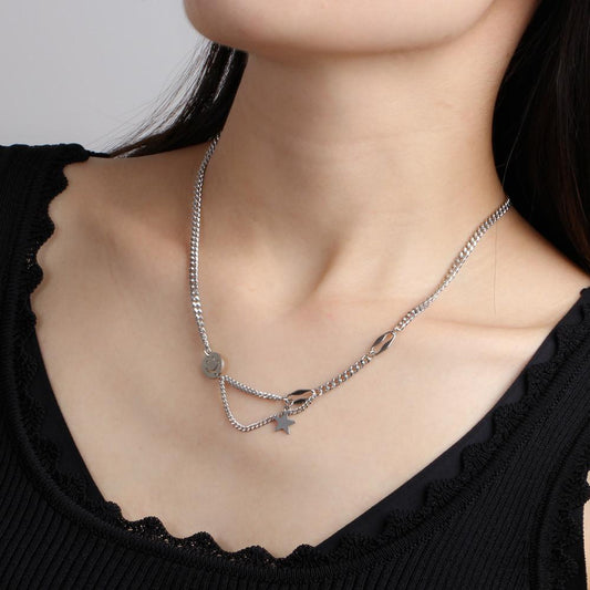 Ins item jewelry retro cold five-pointed star smiley stainless steel fashion multi-layer necklace