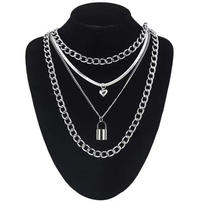Jewelry Retro Versatile Multi-layer Peach Heart Glossy Trendy Alloy Padlock Necklace Three-piece Set