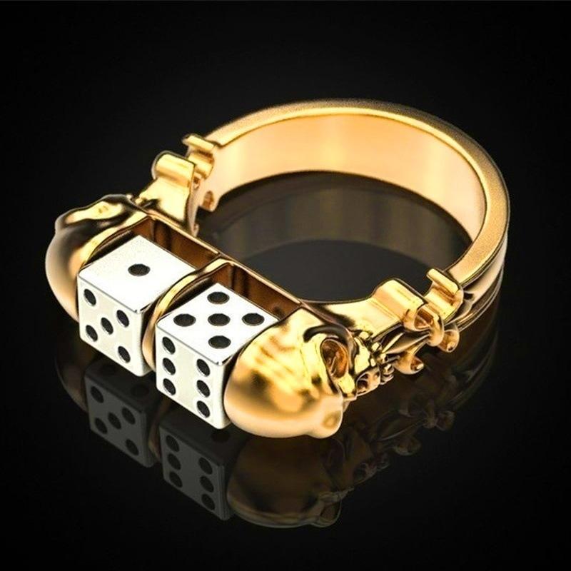 Personality Men's Punk Punk Domineering Golden Skull Dice Hip Hop Ring