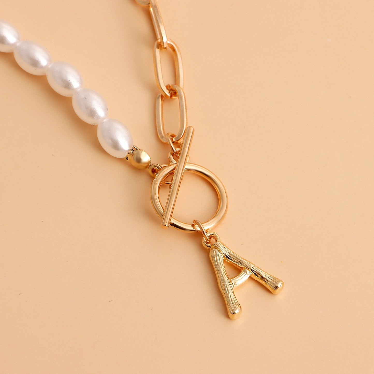 Jewelry niche simple OT buckle half imitation pearl letter A pendant necklace female ins all-match necklace