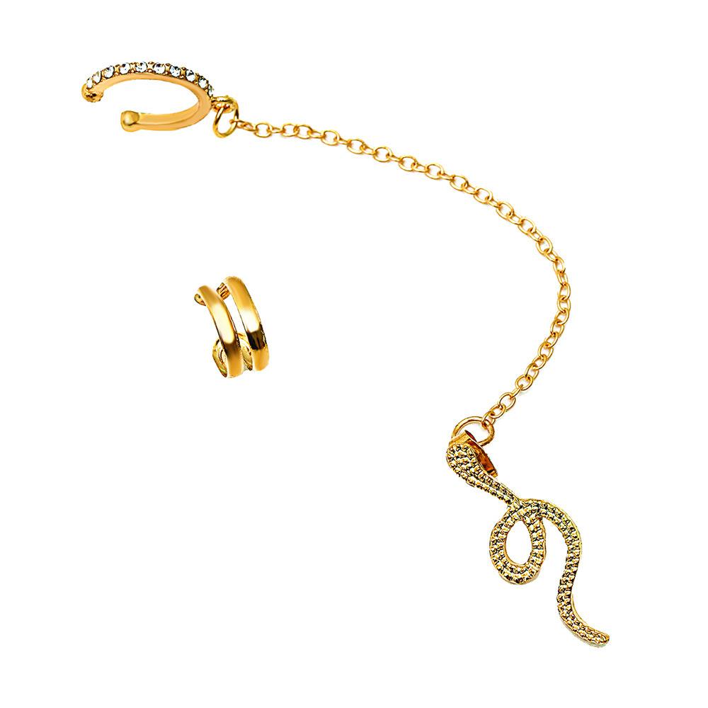Ins cold and hole-free earrings set retro zircon snake-shaped chain ear clip net red full of diamond animal earrings female