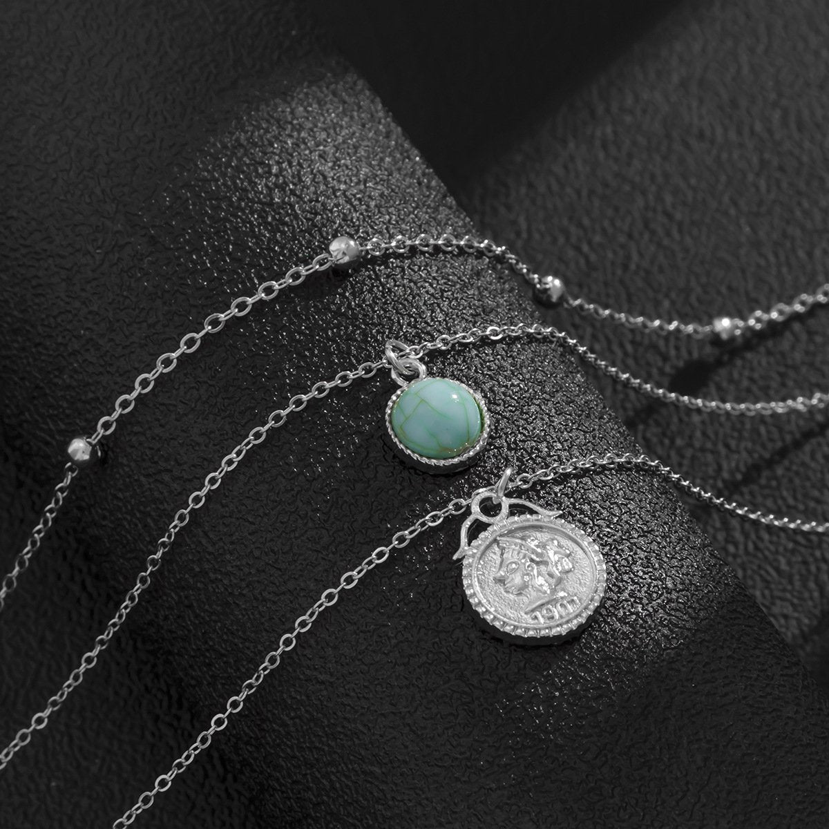 Jewelry Ethnic Thin Chain Metal Necklace Retro Portrait Embossed Turquoise Set Necklace Female