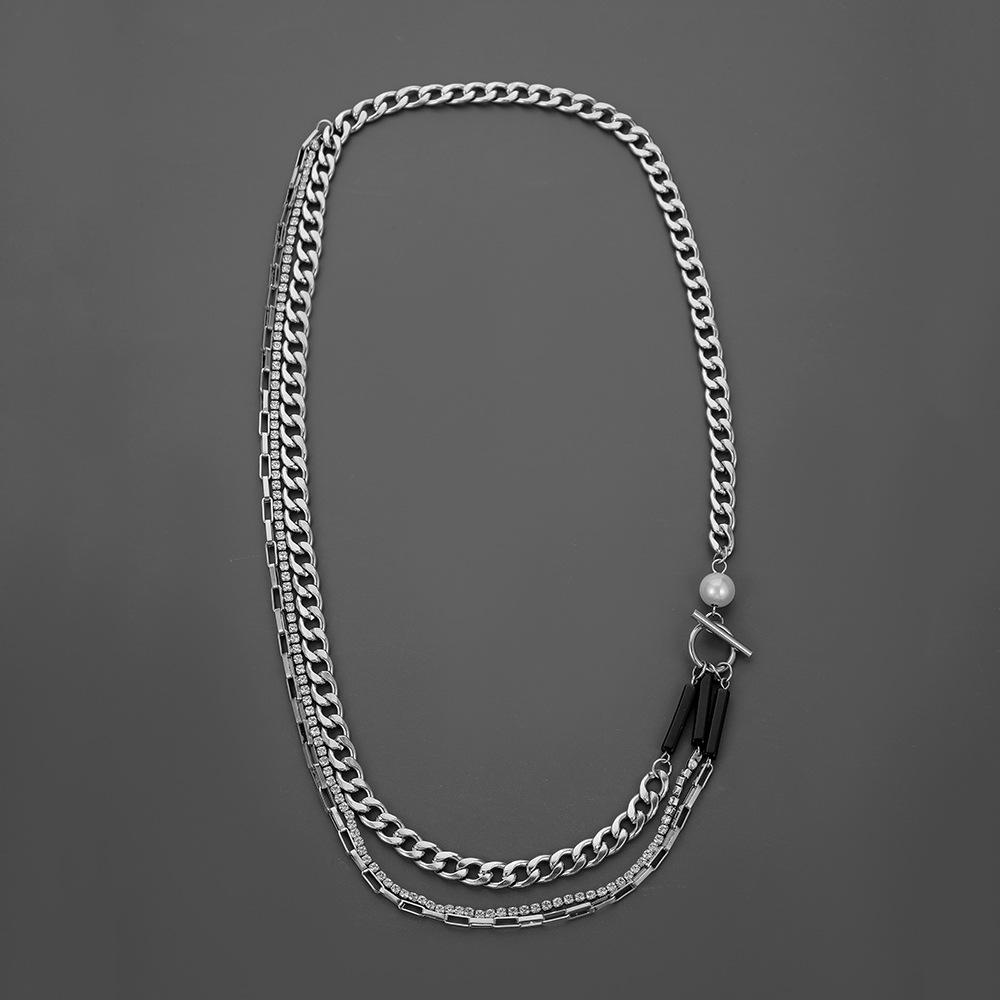 Fashionable atmosphere stainless steel pearl black glass multi-layer necklace titanium steel hip-hop ins long OT buckle necklace