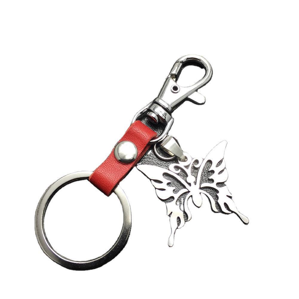 Men and Women Jewelry Titanium Steel Pendant Stainless Steel Hollow Butterfly Pendant Leather Keychain