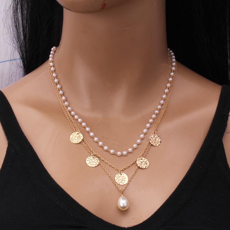 Jewelry disc crack sense multi-layer necklace personality retro geometric pearl pendant clavicle chain