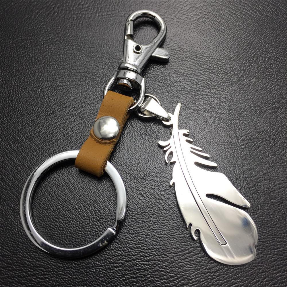 Feather Titanium Steel Pendant Jewelry Accessories Cowhide Keychain Stainless Steel Men's Waist Hanging Ladies Bag Pendant