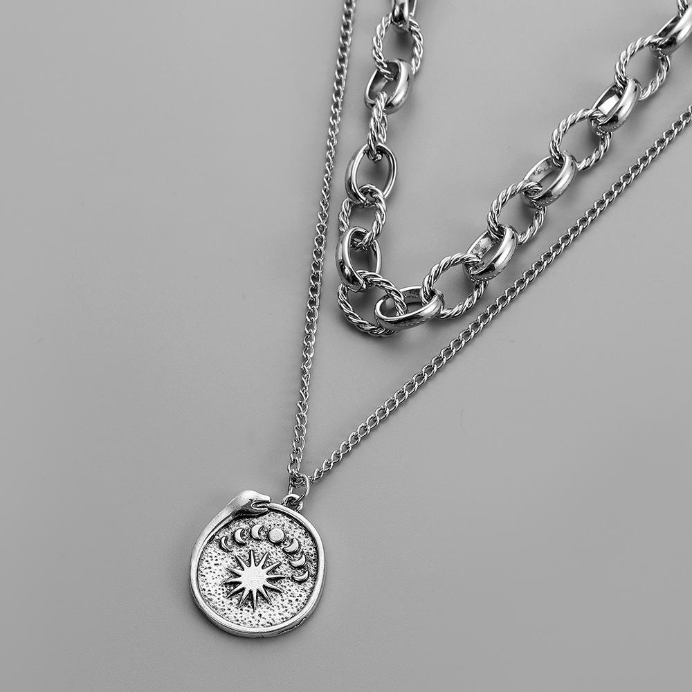 Men's personalized fashion simple double-layer niche design high-end sun moon eclipse snake coin pendant necklace