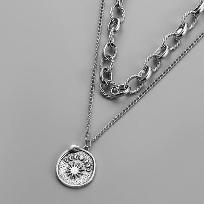 Men's personalized fashion simple double-layer niche design high-end sun moon eclipse snake coin pendant necklace