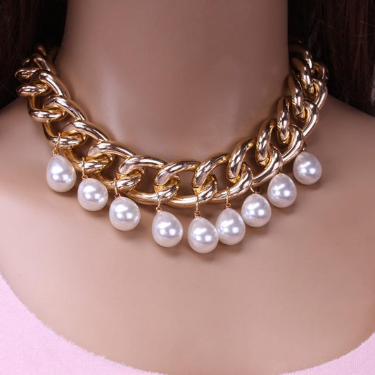 Jewelry Personality Water Drop Shape Imitation Pearl Tassel Necklace Exaggerated Punk Thick Chain Clavicle Necklace