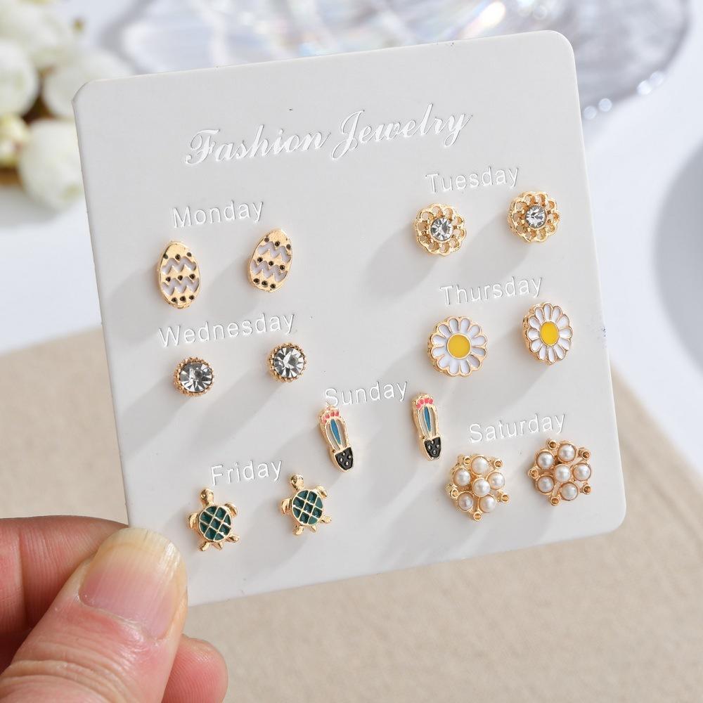 One week earring combination set Internet celebrity cartoon cute rainbow unicorn earrings student female earrings