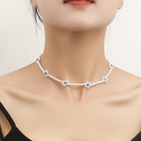 Jewelry Bohemian Imitation Pearl Handwoven Beaded Flower Necklace Female Baby Bead Necklace