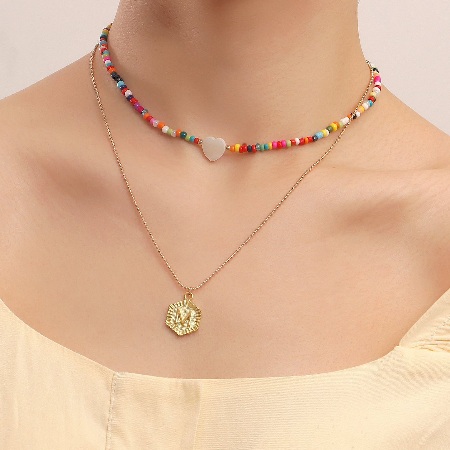 Jewelry Bohemian double mother-of-pearl love letter pendant necklace female color rice bead necklace