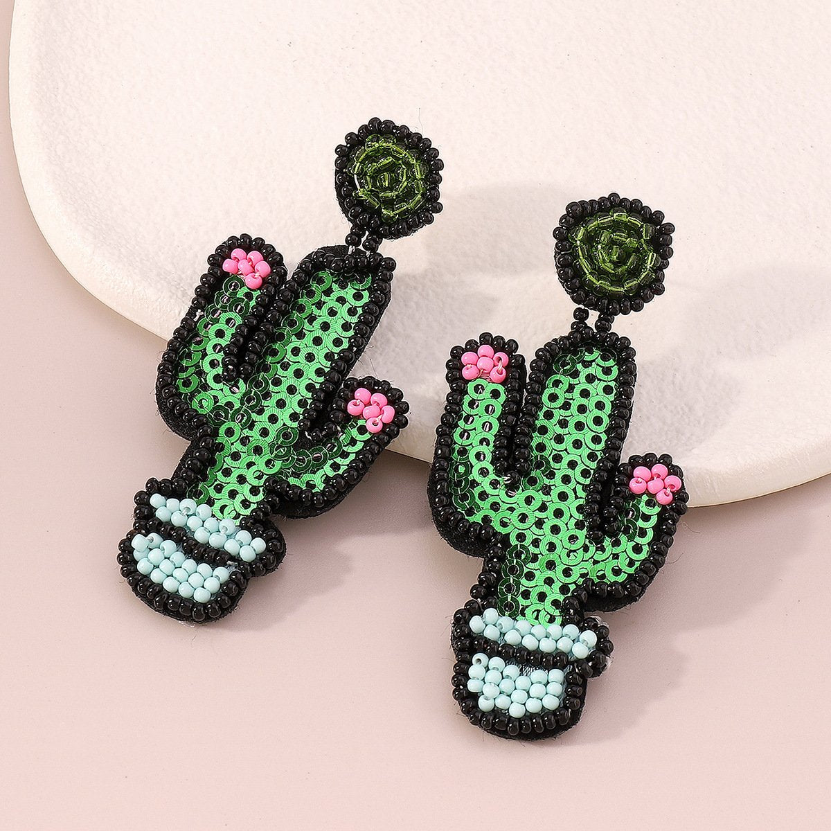 E143 Bohemian Ethnic Earrings Cactus Beaded Sequins Retro Exaggerated Geometric Earrings