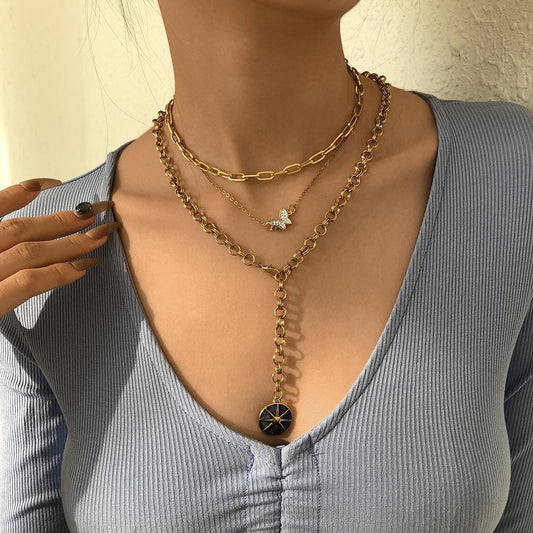 N8872 Baroque retro multi-layer necklace women's full diamond butterfly octagonal punk chain exaggerated pendant necklace