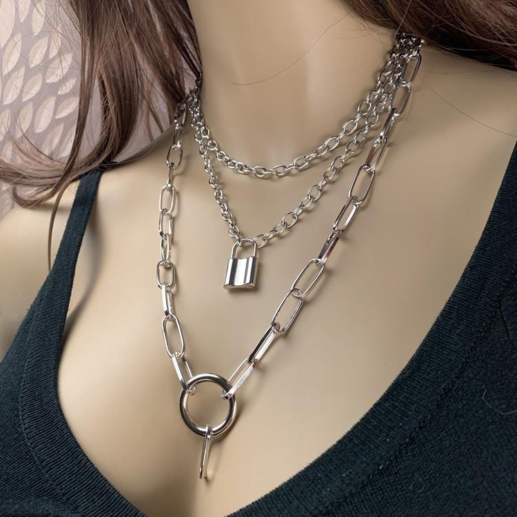 Necklace Retro Punk Exaggerated Thick Chain Necklace Women's Multilayer Hip Hop Lock Necklace Sweater Chain
