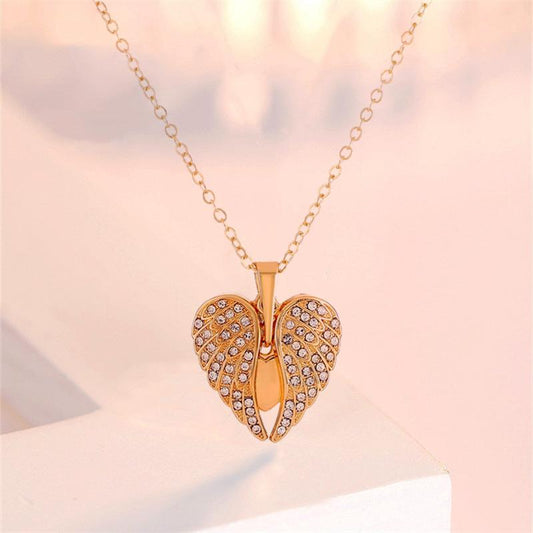 Diamond Heart Pendant Necklace Fashion Temperament Angel Wings Necklace Thanksgiving Mother's Day Necklace