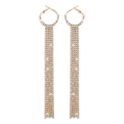 E1466 Exaggerated Long Rhinestone Tassel Earrings Women's Light Luxury Geometric Net Red Night Earrings