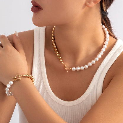 Jewelry Versatile Imitation Pearl Beaded Stitching Necklace Simple Creative Peach Heart OT Buckle Clavicle Necklace