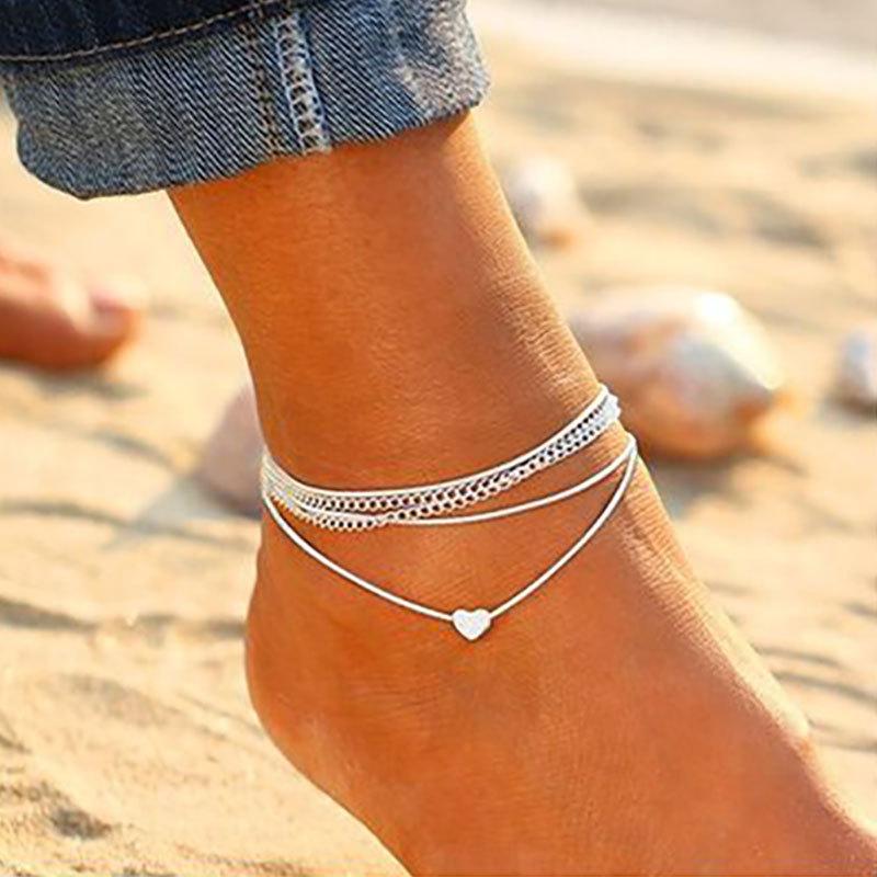 Grid beach love multi-layer anklet women's bohemian heart-shaped peach heart double-layer chain anklet