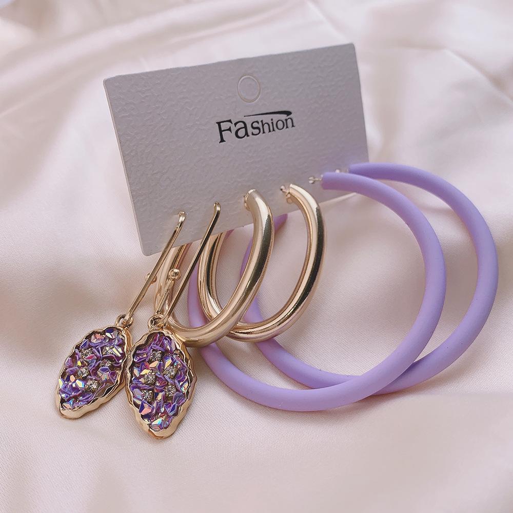 Winter Hepburn Temperament Alloy Earring Set Women's Versatile Gravel Big Earring Purple Cute Earrings