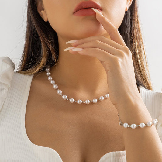 Jewelry Temperament Imitation Pearl Short Clavicle Necklace Simple Geometric Bead Hand Jewelry Set