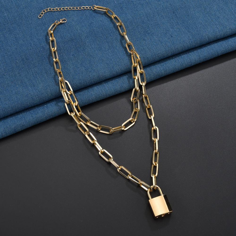 Accessories Retro Temperament Personality Geometric Pendant Necklace Double Lock Necklace