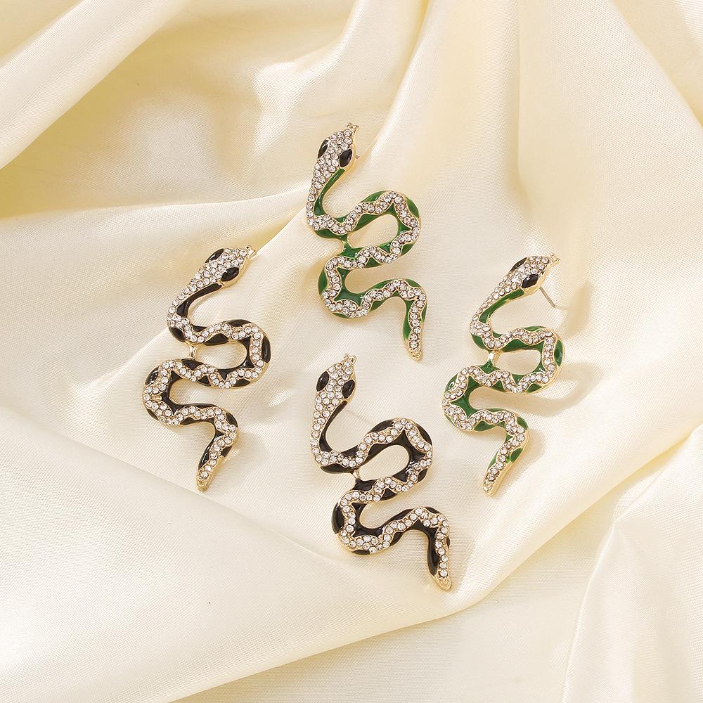 E9886 Jewelry Exaggerated Personality Drip Oil Contrast Color Alloy Earrings Snake Diamond Temperament Fashion Earrings