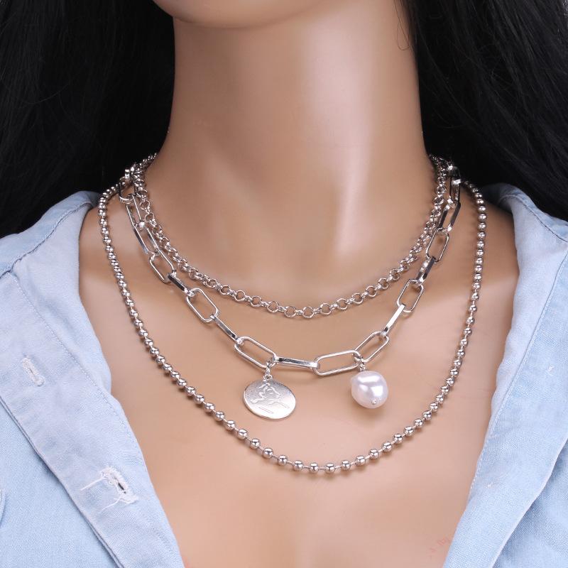 Fashion special-shaped pearl portrait coin decoration ins cold temperament double-layer set chain