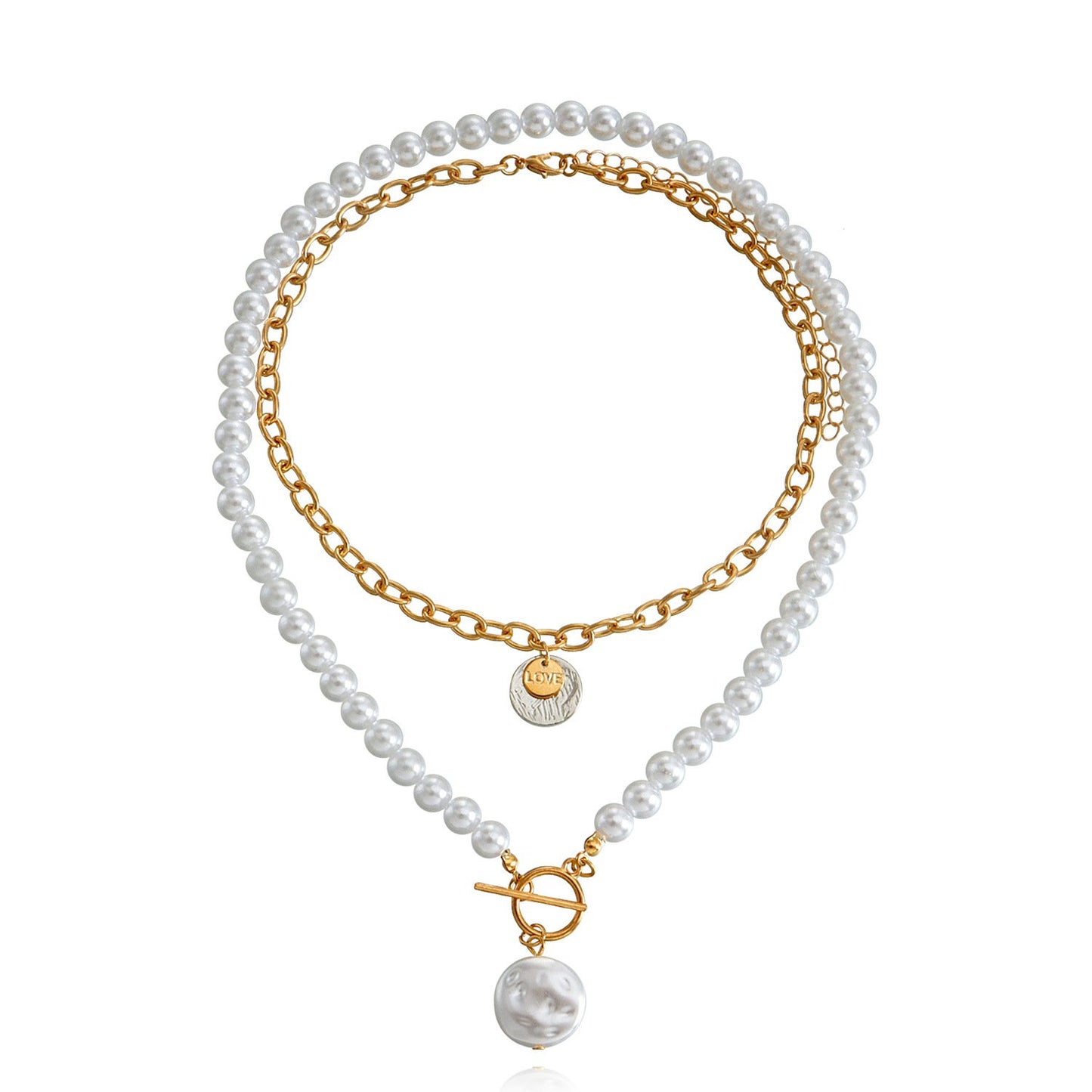 Jewelry Geometric Disc Imitation Baroque Pearl Double Layer Necklace Female Simple Versatile Bead Necklace