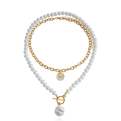 Jewelry Geometric Disc Imitation Baroque Pearl Double Layer Necklace Female Simple Versatile Bead Necklace