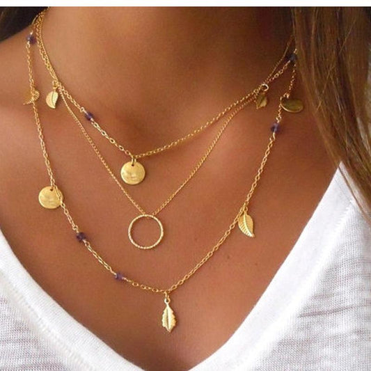 Multi-element combination necklace sequin leaf tassel pendant handmade necklace