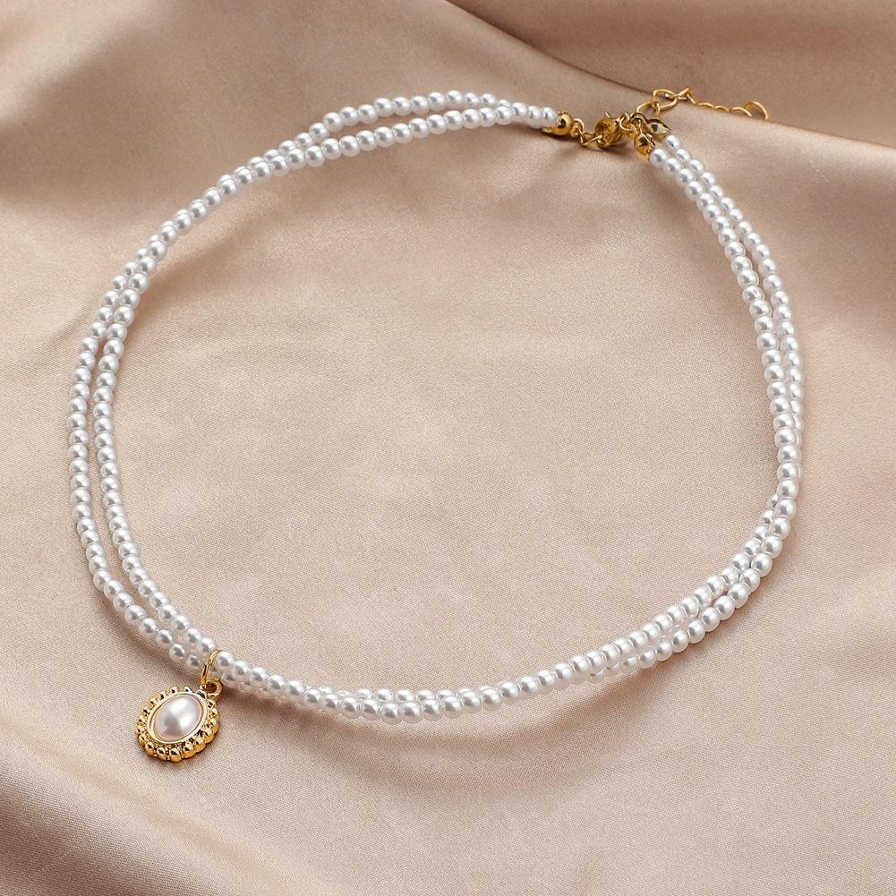 French retro pearl temperament double layer necklace fashion sun flower inlaid pearl pendant clavicle chain female jewelry