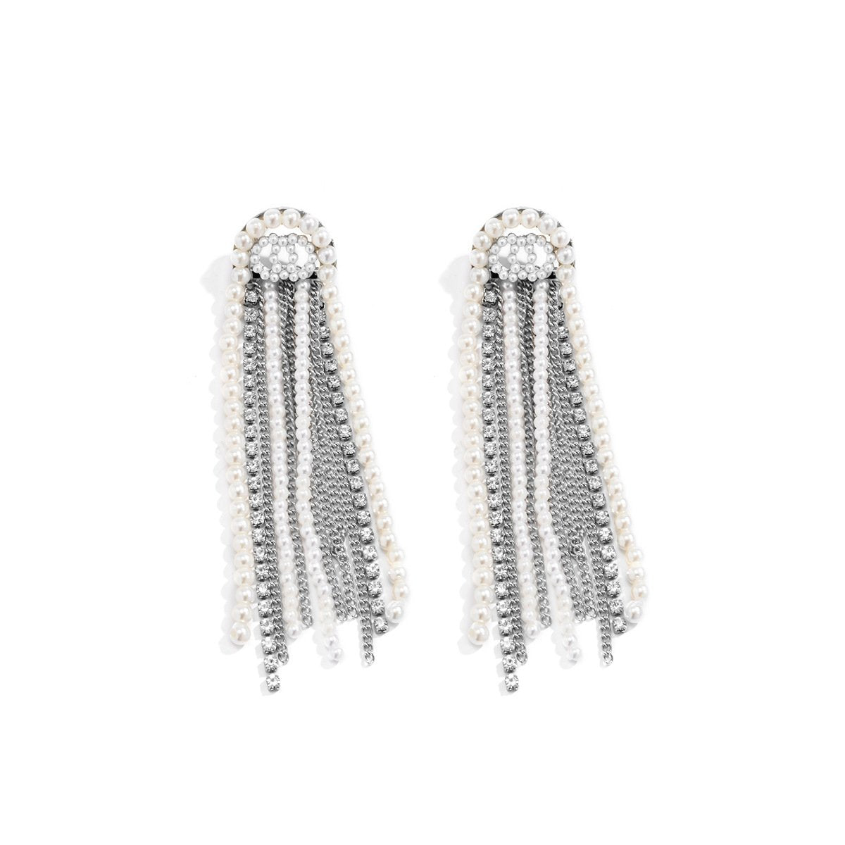 Jewelry Temperament Cold Imitation Pearl Chain Tassel Earrings Retro Versatile Double Ring Earrings Women