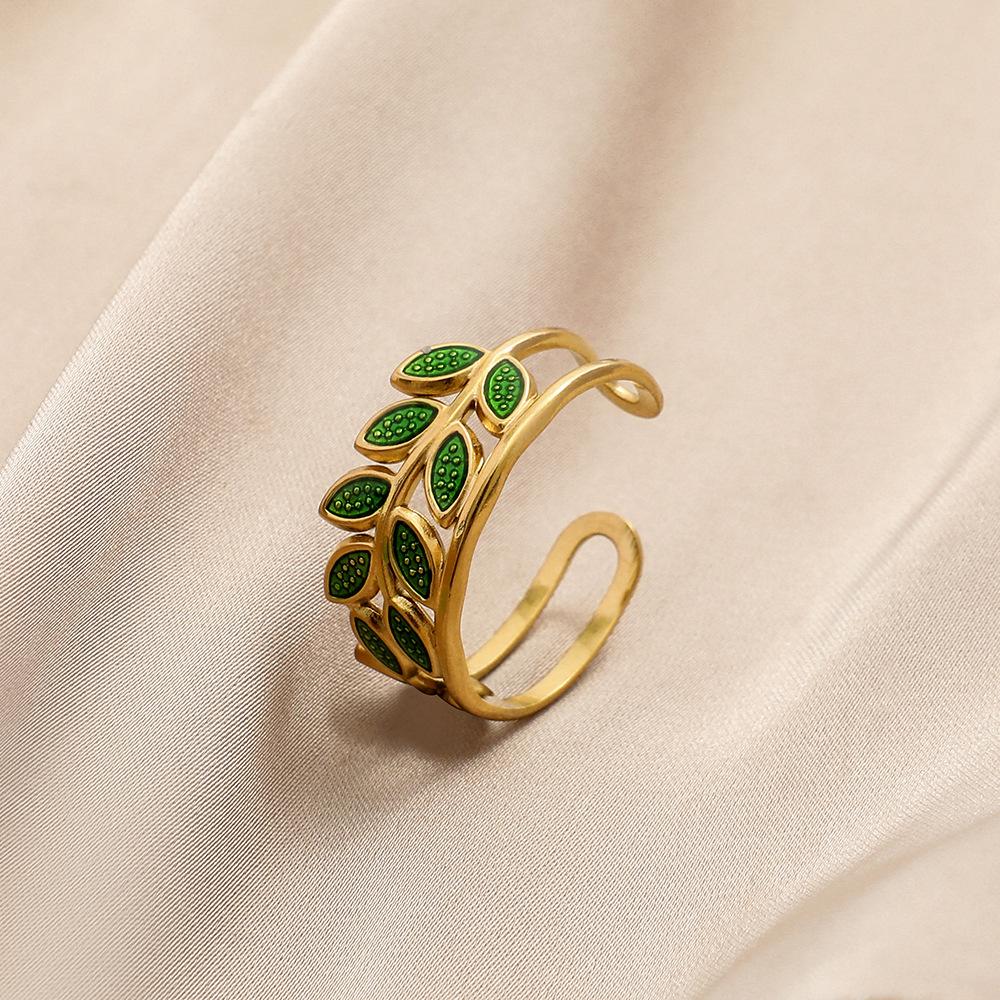Retro fashion stainless steel dripping oil green leaves wheat ears opening ring personalized titanium steel ring female jewelry