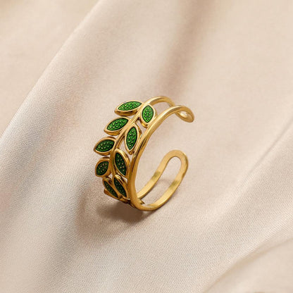 Retro fashion stainless steel dripping oil green leaves wheat ears opening ring personalized titanium steel ring female jewelry