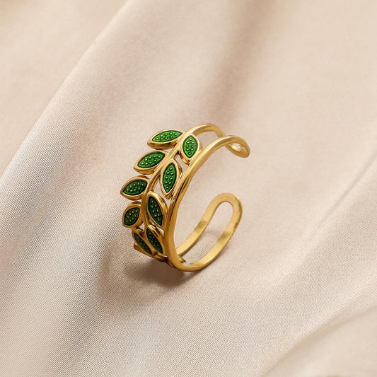 Retro fashion stainless steel dripping oil green leaves wheat ears opening ring personalized titanium steel ring female jewelry