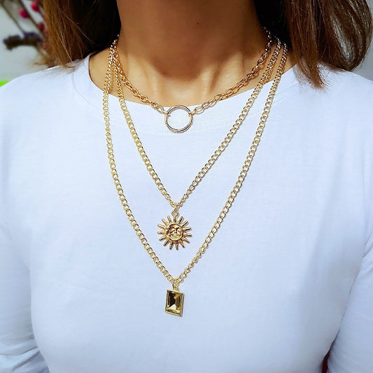 Jewelry Retro Versatile Multi-layer Peach Heart Gemstone Pendant Necklace Women's Ring Sweater Chain Three-piece Set