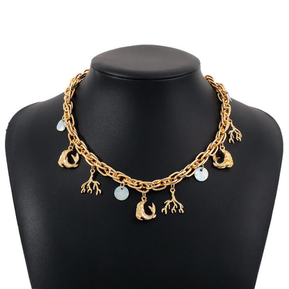 N185ZA Exaggerated Trendy Personality Clavicle Necklace Metal Dolphin Branch Creative Small Necklace Hand Jewelry