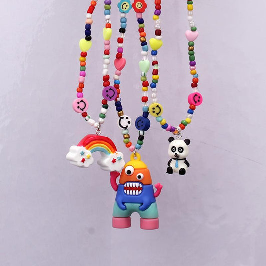 Ins niche design cartoon rainbow monster pendant rice bead necklace hip-hop all-match sweater chain trend style