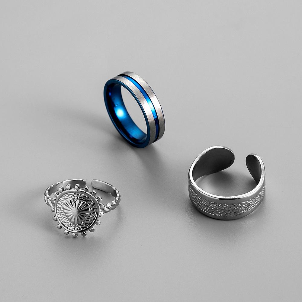 Punk hip-hop men's stainless steel stripe sun texture round suit ring titanium steel ring open ring