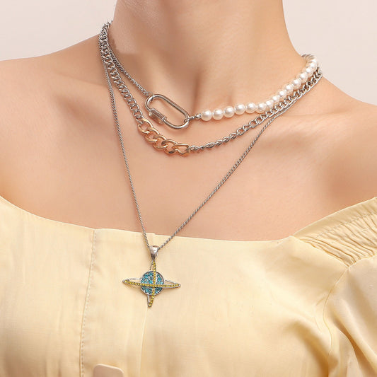 Jewelry personality design diamond planet universe necklace ins imitation pearl retro multi-layer sweater chain