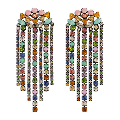 E192 Exaggerated Temperament Colorful Diamond Tassel Earrings Women's Ethnic Retro Geometric Claw Chain Light Luxury Earrings