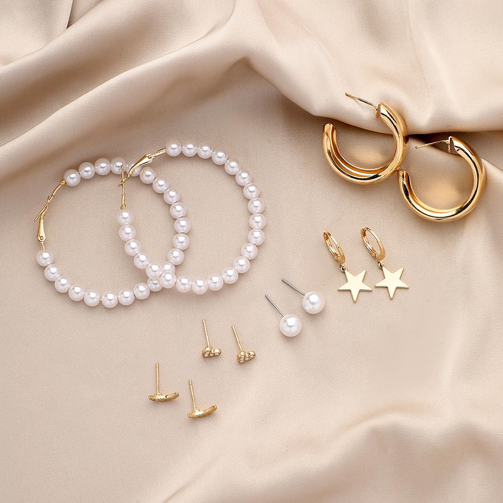 Trendy simple five-pointed star pearl love moon earring small fresh ins retro earring set